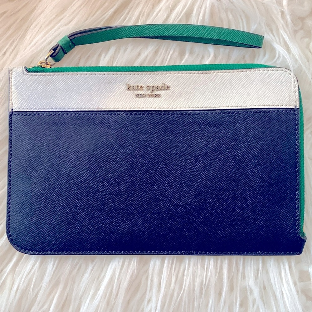 KATE SPADE Staci Medium Saffiano Leather Wristlet in Blue/white & Verona Green